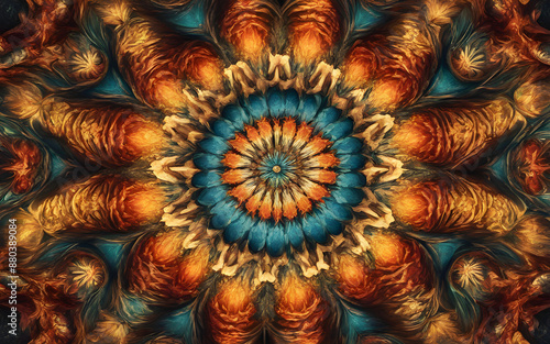 Abstract kaleidoscope effect, vibrant colours and symmetrical shapes photo