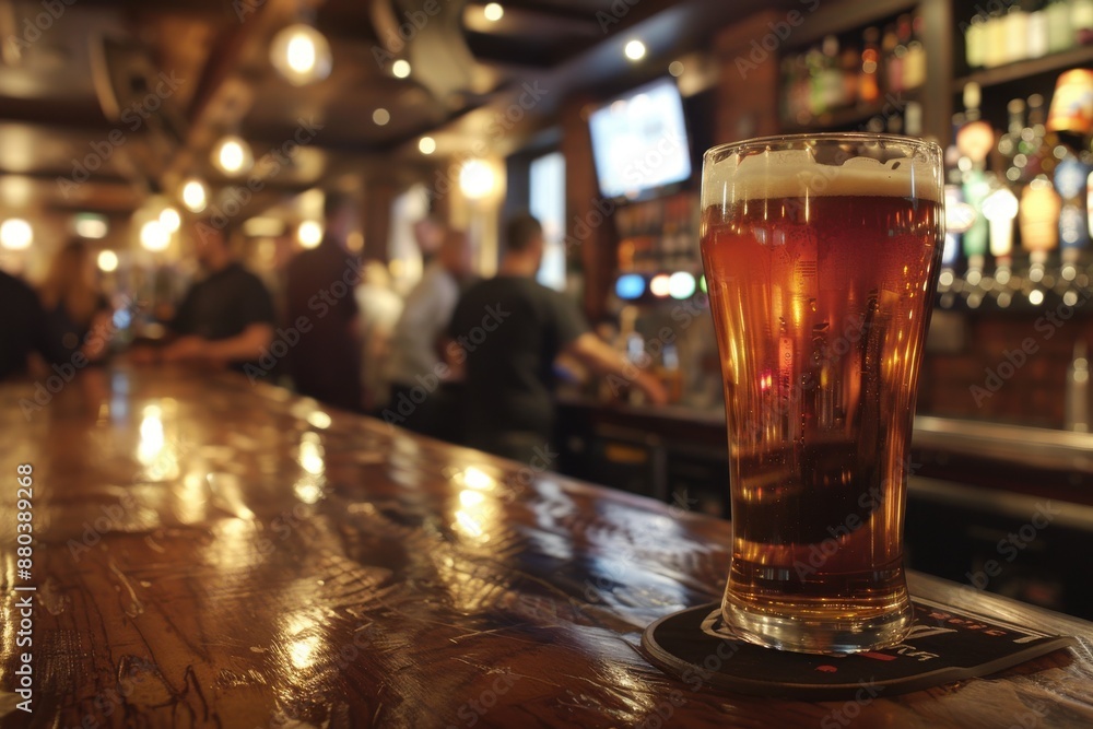 A wide-angle shot of a pub featuring a glass of beer in the foreground, with patrons socializing in the background A wide-angle shot of a pub featuring a glass of beer in the foreground, with patrons socializing in the background
