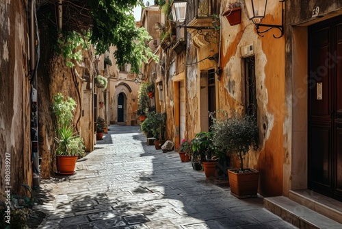 Fototapeta Naklejka Na Ścianę i Meble -  A maze of narrow streets in a Mediterranean town, AI generated