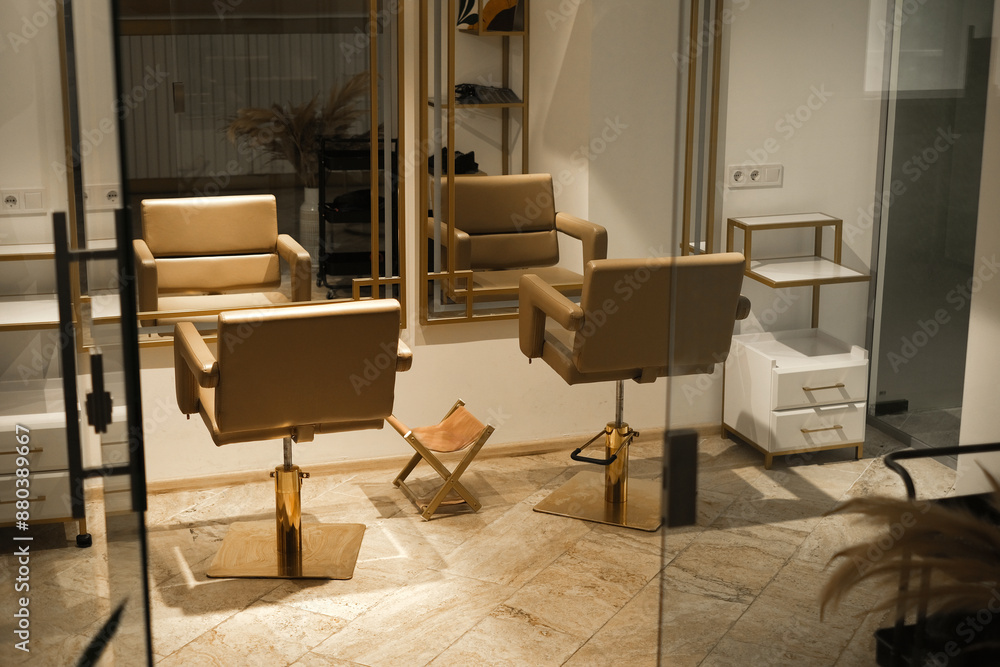 Fototapeta premium Modern barbershop in golden style mockup 