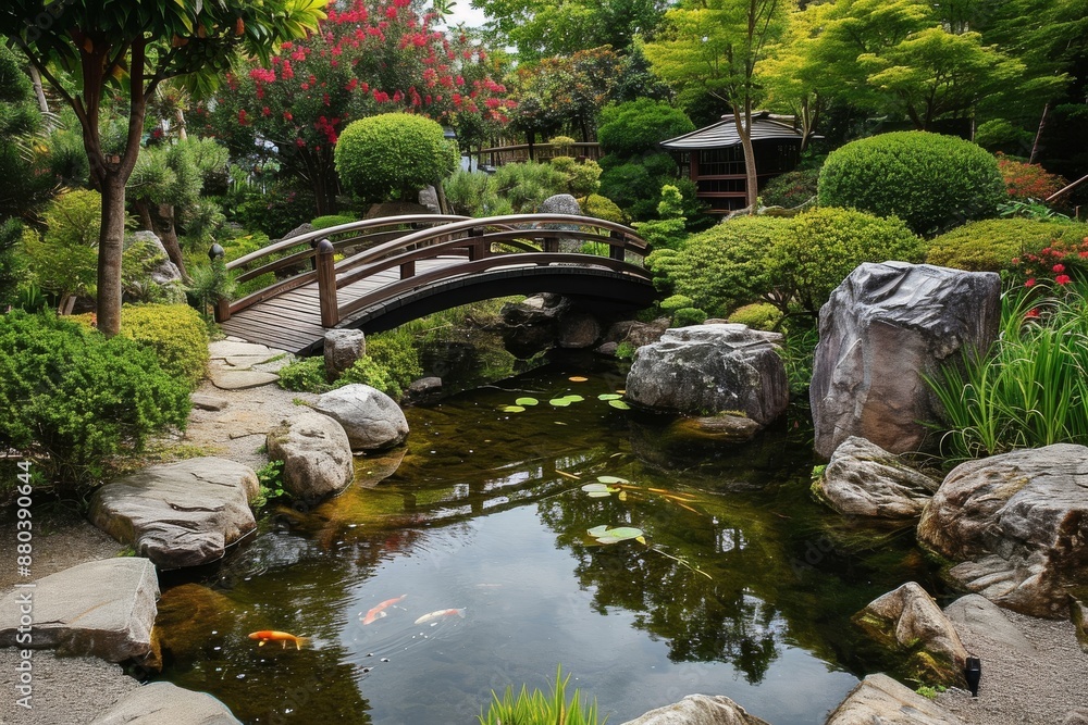 A Japanese zen garden with a small pond and bridge, AI generated A Japanese zen garden with a small pond and bridge, AI generated