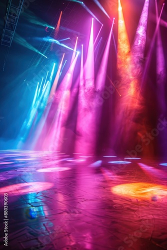 Dynamic stage lighting with vibrant colors, smoke effects, and reflections creating a lively concert atmosphere.