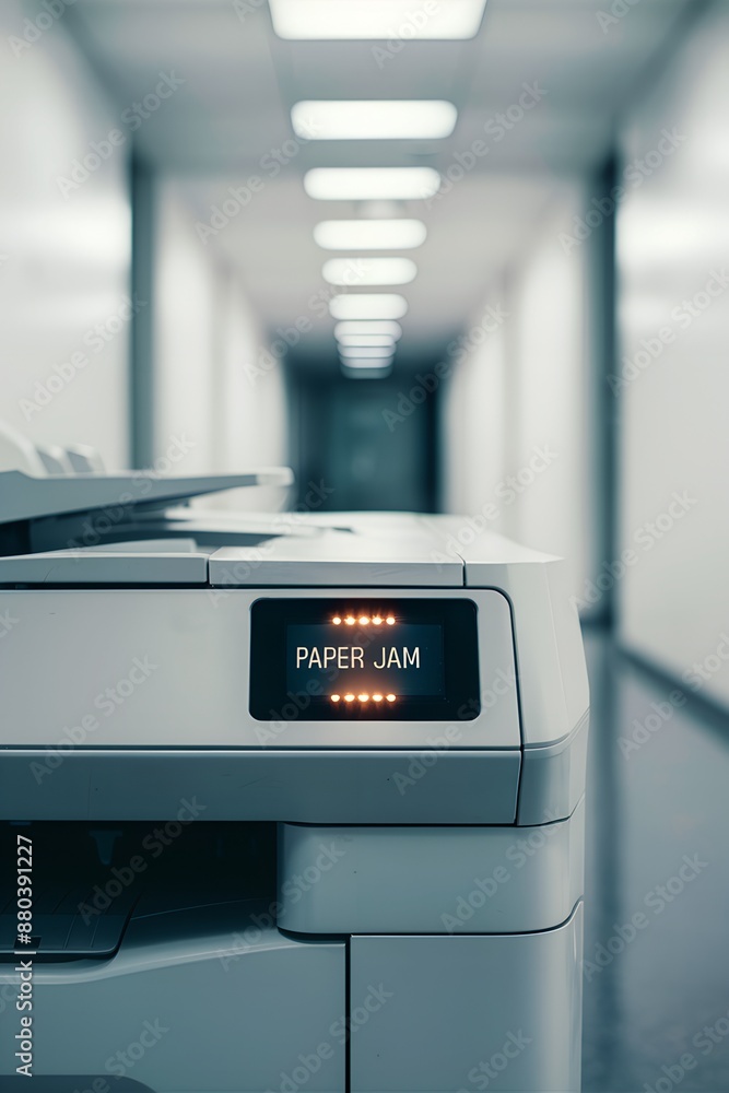 Office printer with paper jam error blinking in empty hallway Office printer with paper jam error blinking in empty hallway