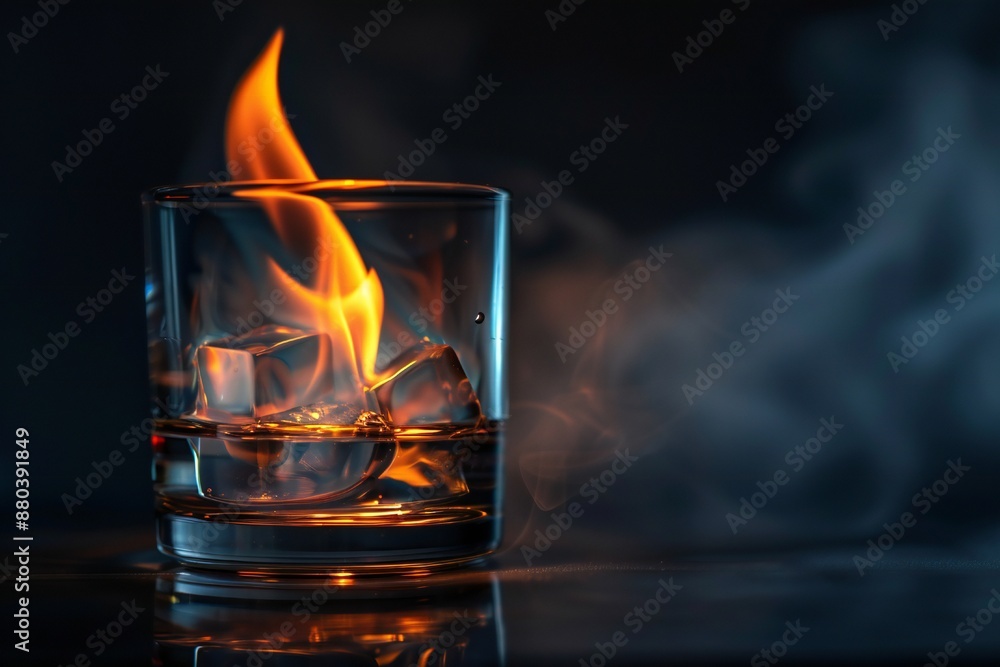 Glass with drink on fire on dark background Generative Ai Glass with drink on fire on dark background Generative Ai