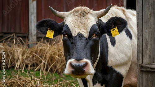 Cow in field with red barn, rural lifestyle, sustainable farming, nature photo