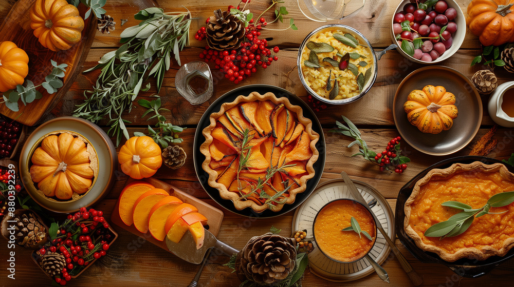 A festive autumn table spread featuring a variety of pumpkin-based dishes. The spread includes pumpkin pie, pumpkin soup, roasted pumpkin, and other seasonal dishes, complemented by decorations like s A festive autumn table spread featuring a variety of pumpkin-based dishes. The spread includes pumpkin pie, pumpkin soup, roasted pumpkin, and other seasonal dishes, complemented by decorations like s