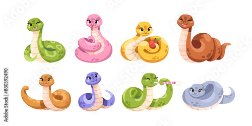 Cute snake characters set. Adorable mascot animals. Funny happy smiling reptiles, baby cobras in cartoon comic style. Kawaii serpents. Kids flat vector illustrations isolated on white background