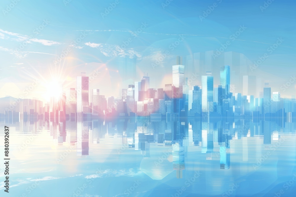 Fototapeta premium Futuristic smart city skyscrapers in financial district with sunlit reflections on blue background