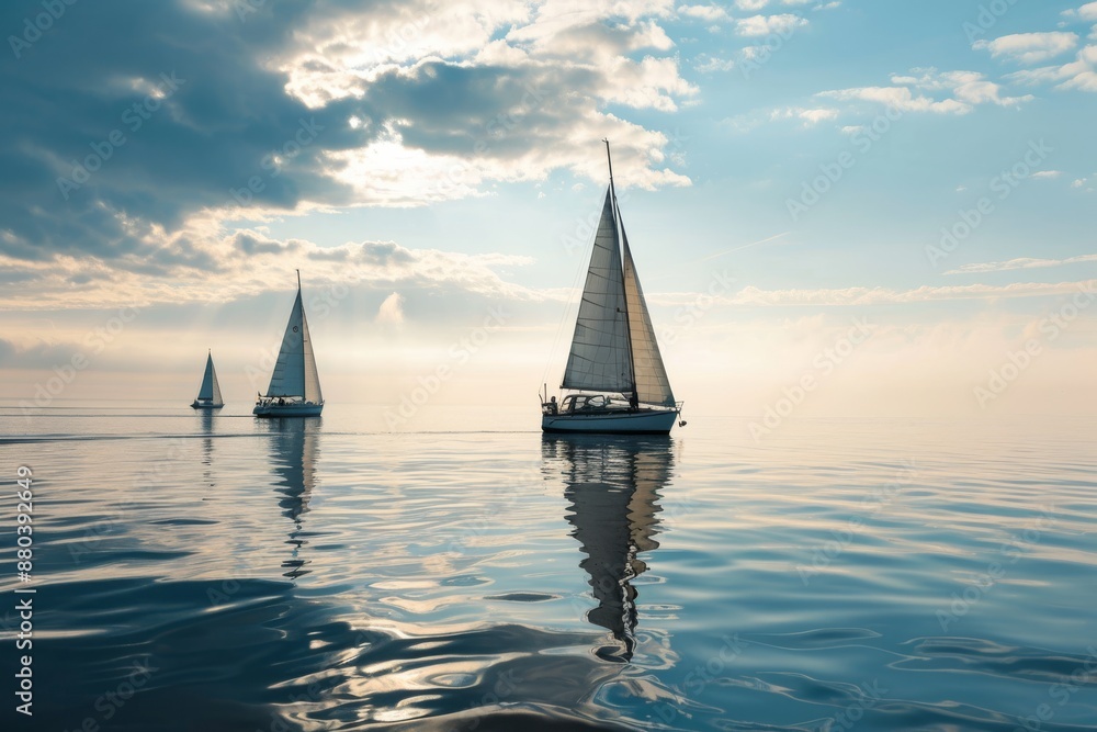 Fototapeta premium A group of sailboats drifting on a calm sea, AI generated