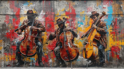 Street Art Mural of Three Musicians Playing Cellos