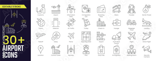 Airport Stroke icon collections. Containing Airport, Customs, Immigration Law, Boarding Pass, Landing, Check-in, Stairs, senior, Traveler, and Trolley icons. Stroke icon collection Outline icon