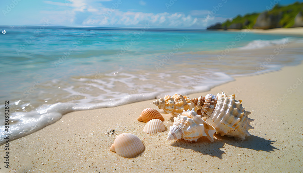 On the sandy beach by the sea there are seashells scattered, relaxing seaside vacation On the sandy beach by the sea there are seashells scattered, relaxing seaside vacation