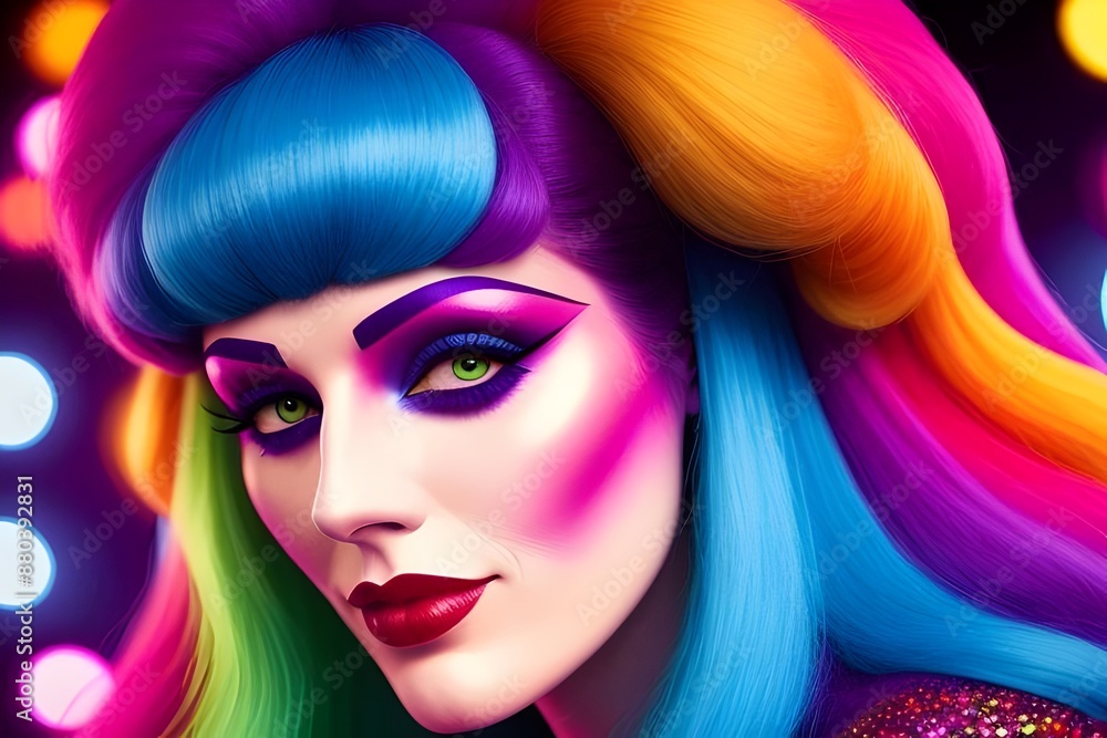 an image of a Colourful, 1970s closeup of a beautiful disco woman, 1970s fashion, retro, vintage, rainbow colors, stylish, retro hairstyle, Beauty, Glamour, Funky, an image of a Colourful, 1970s closeup of a beautiful disco woman, 1970s fashion, retro, vintage, rainbow colors, stylish, retro hairstyle, Beauty, Glamour, Funky,