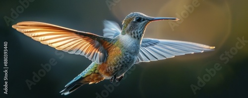 A photorealistic image of a hummingbird hovering in mid-air, its wings beating so fast they blur into motion. photo