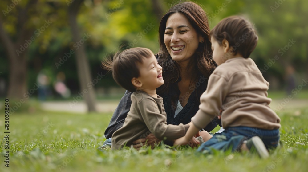 A woman playing with her children in a park showcasing the joy of family time. A woman playing with her children in a park showcasing the joy of family time.