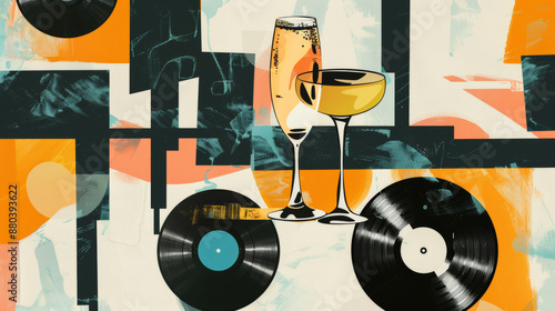 champagne glass, cocktail, music, vinyl, modernist, style collage art, minimalist poster photo