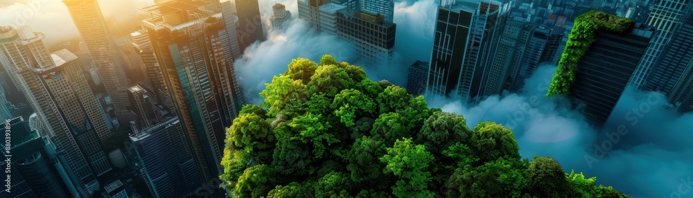 Urban Jungle: Lush Greenery and Modern Skyscrapers in a Foggy Cityscape at Sunrise Urban Jungle: Lush Greenery and Modern Skyscrapers in a Foggy Cityscape at Sunrise