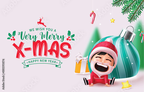 Merry christmas greetings vector design. Christmas card with cute smiling kid santa claus character with xmas ball ornaments and gift elements in winter snow background. Vector illustration holiday 