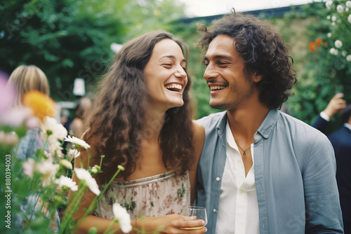 Happy couple enjoying a summer garden party, sharing laughter in a vibrant, floral setting