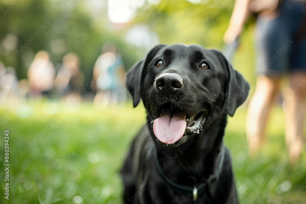 A black Labrador dog on a leash, looking up at the camera with its tongue out in a green park with blurred people walking around on a summer day. A black Labrador dog on a leash, looking up at the camera with its tongue out in a green park with blurred people walking around on a summer day.