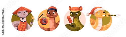 Cute Chinese New Year snakes, animal mascot. Funny happy viper characters in ...