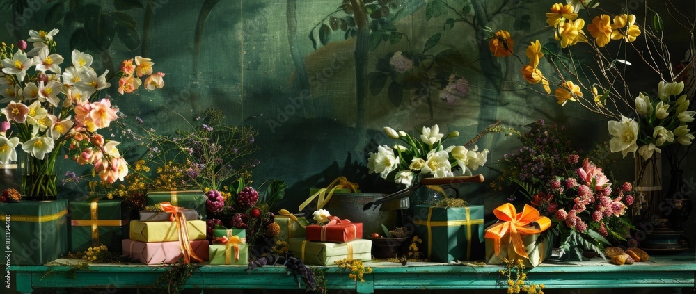 Obraz premium The celebration in the garden begins with a display of many gifts and flowers. Create a lively and festive atmosphere.