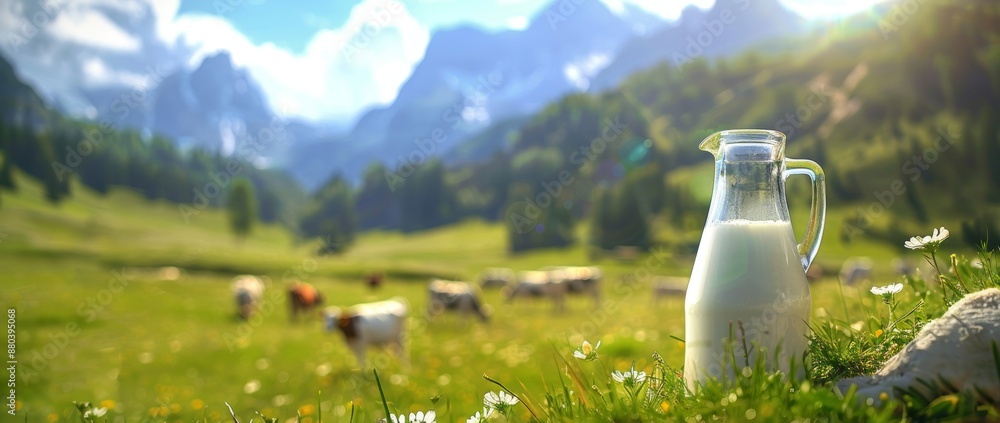 In the beautiful mountain meadow There is fresh cow's milk with cows grazing in the background. In the beautiful mountain meadow There is fresh cow's milk with cows grazing in the background.