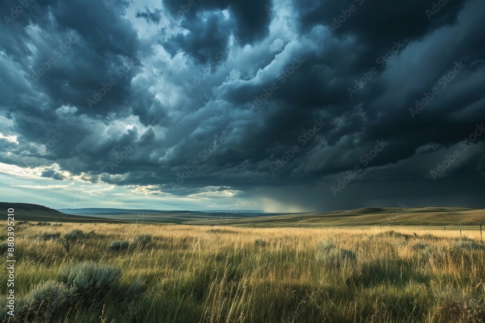 Obraz premium A dramatic thunderstorm over a prairie landscape, AI generated