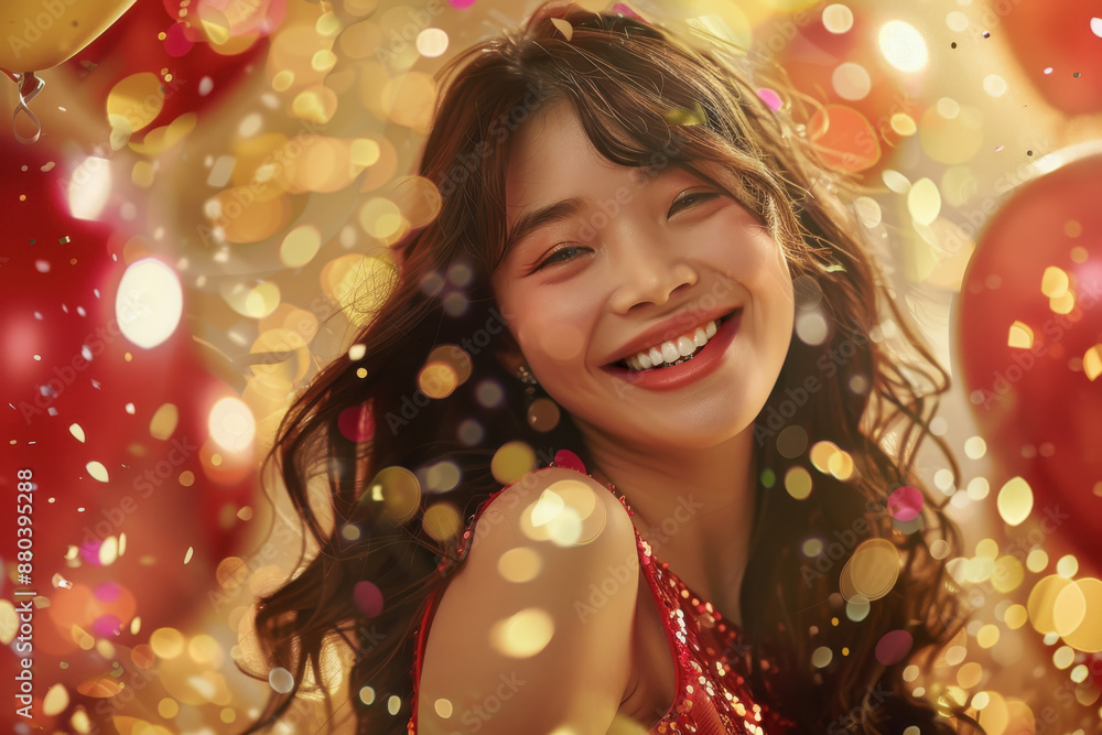 A radiant Asian woman joyfully celebrating amidst vibrant golden lights and red balloons, dressed in a sparkling red dress A radiant Asian woman joyfully celebrating amidst vibrant golden lights and red balloons, dressed in a sparkling red dress