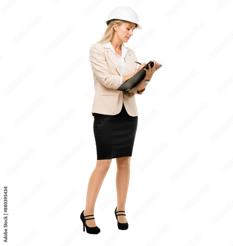 Woman, architect and clipboard for writing in studio at construction agency by white background. Person, contractor or inspection for building, admin or document with helmet for property development Woman, architect and clipboard for writing in studio at construction agency by white background. Person, contractor or inspection for building, admin or document with helmet for property development