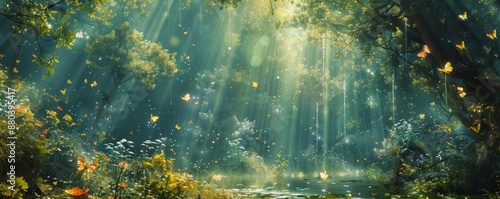 Mystical forest inhabited by fairies, unicorns, and fantastical creatures