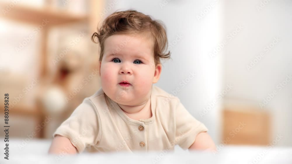 Cute infant with curly hair looking at camera, portrait of charming baby girl at home, childhood Cute infant with curly hair looking at camera, portrait of charming baby girl at home, childhood
