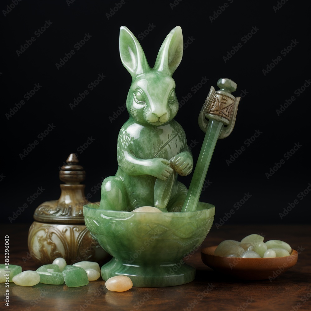 The green rabbit symbolizes longevity and good luck. It holds a ruyi ...