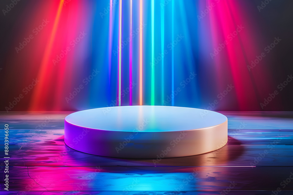 modern round empty platform podium stand for product presentation scene with glowing neon lighting futuristic empty stage mockup on rainbow flare background with colorful streaks of light front view modern round empty platform podium stand for product presentation scene with glowing neon lighting futuristic empty stage mockup on rainbow flare background with colorful streaks of light front view