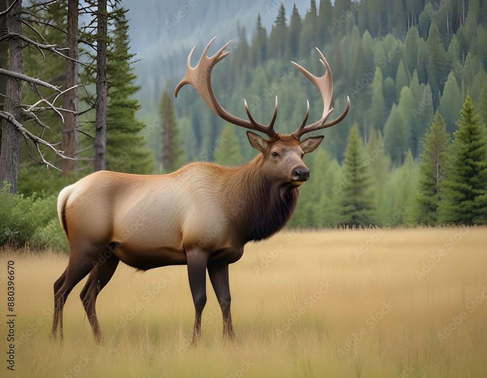 Fototapeta premium A large male elk with impressive antlers standing in a grassy field with a forested background