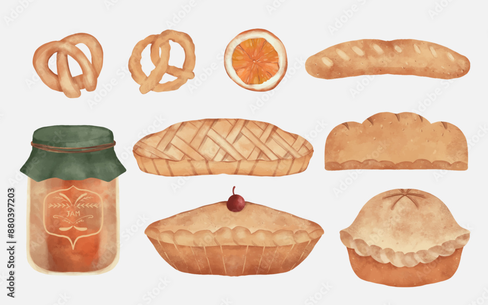 Fall season food. Pie, bread, sweets. pretzel, orang slice and jam in jar illustration Fall season food. Pie, bread, sweets. pretzel, orang slice and jam in jar illustration