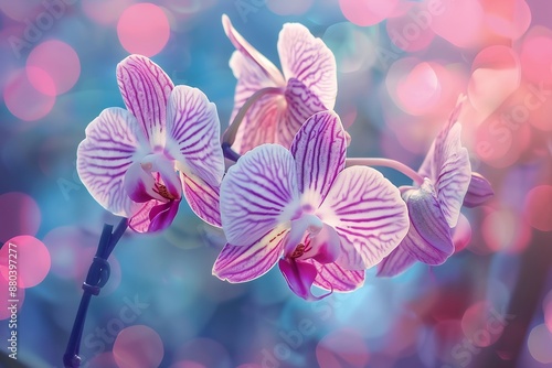Beautiful pink and white orchid flowers with purple stripes, close-up, bokeh background, macro photography. High resolution photo of an exotic flower in full bloom. Perfect for floral design, postcard