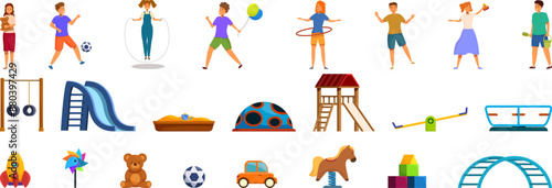 Children play playground icons set. Kids playing with different toys and playground equipment having fun together