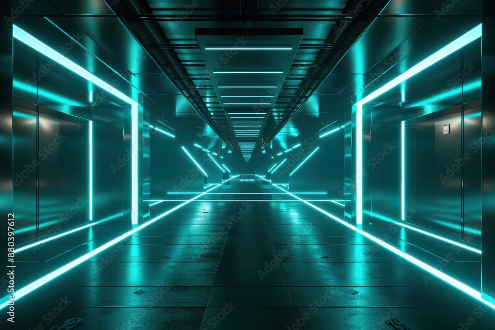 Futuristic Sci-Fi Corridor with Glowing Neon Lights. Cyberpunk or Spaceship Interior Futuristic Sci-Fi Corridor with Glowing Neon Lights. Cyberpunk or Spaceship Interior