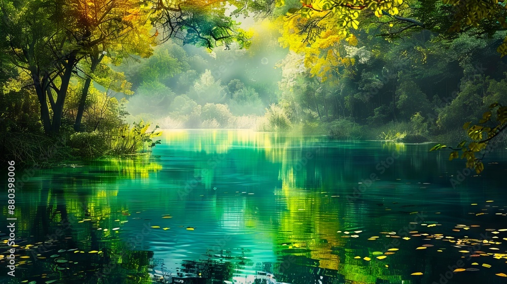 A beautiful lake with trees and leaves in the background. A beautiful lake with trees and leaves in the background.