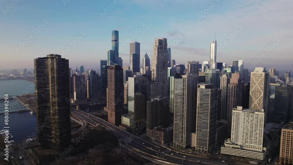 Aerial video descends in the background of the skyscrapers in the city of Chicago Aerial video descends in the background of the skyscrapers in the city of Chicago