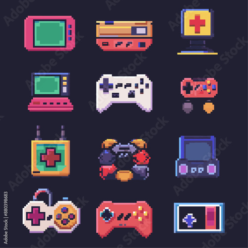Pixel Art Retro Gaming Console and Controllers Set