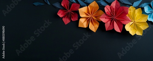 Paper origami flowers on a black background with lots of empty space Generative Ai