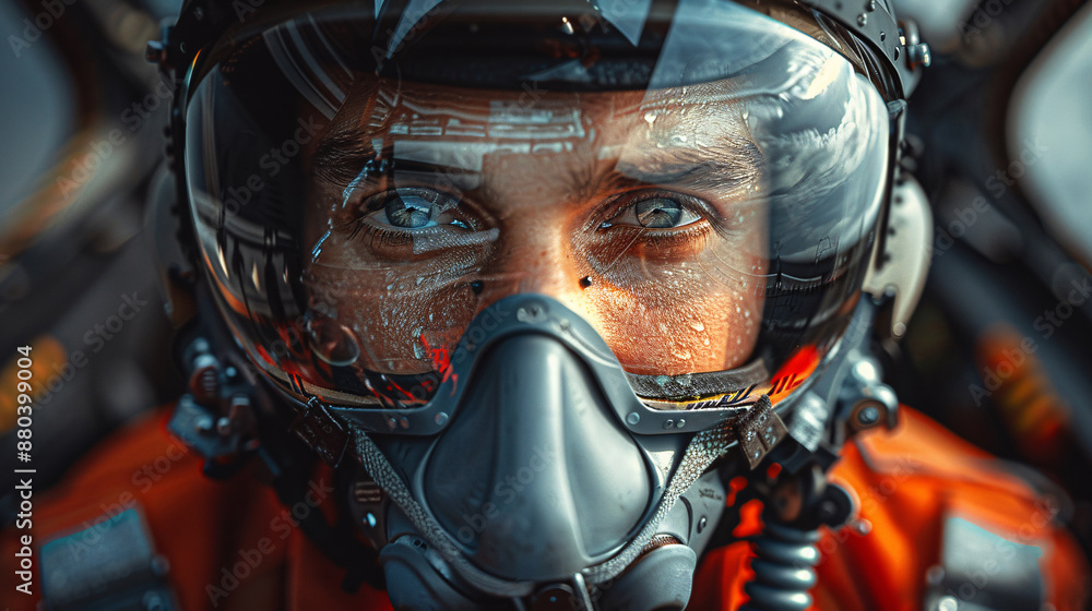 Fototapeta premium In the cockpit of a fighter jet a focused pilot wear Helmet