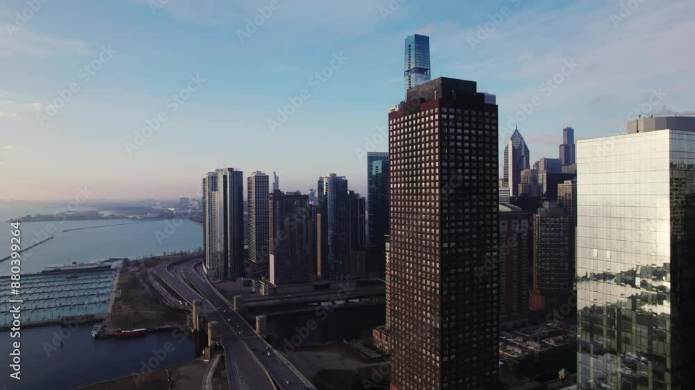 Aerial video passing between the skyscrapers in the city of Chicago Aerial video passing between the skyscrapers in the city of Chicago