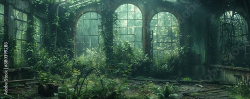 Post-apocalyptic wasteland reclaimed by nature.