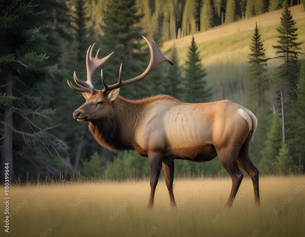 Fototapeta premium A large male elk with impressive antlers standing in a grassy field with a forested background