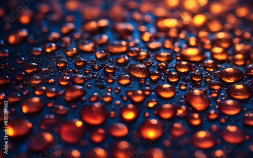 Close-up of raindrops on a glass surface with neon backlight photo