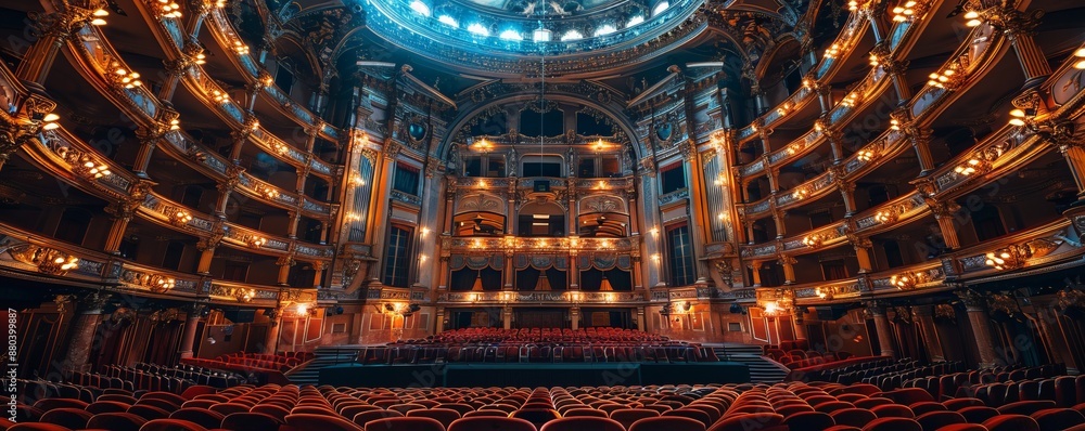 Obraz premium Grand opera house with opulent interior, illuminated chandeliers, and music