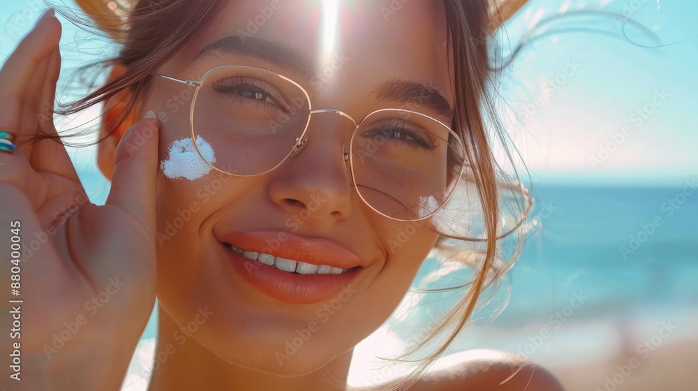 Young woman applies sunscreen on her face, highlighting the importance of skin protection against harmful UV rays for maintaining healthy, youthful skin during sunny days Young woman applies sunscreen on her face, highlighting the importance of skin protection against harmful UV rays for maintaining healthy, youthful skin during sunny days